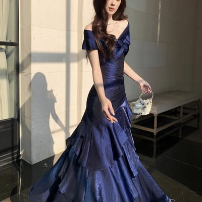Navy satin mermaid prom dress off shoulder ruffle trim evening gown 