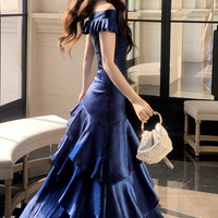 Navy Satin Mermaid Prom Dress Off Shoulder Ruffle Trim Evening Gown  - Thumbnail 2