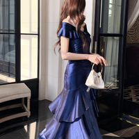 Navy Satin Mermaid Prom Dress Off Shoulder Ruffle Trim Evening Gown  - Thumbnail 4