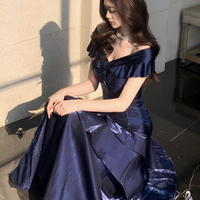 Navy Satin Mermaid Prom Dress Off Shoulder Ruffle Trim Evening Gown  - Thumbnail 5