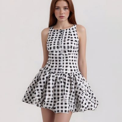 Round-neck, single-breasted, pull-on plaid dress with an open back and mini-length skirt.