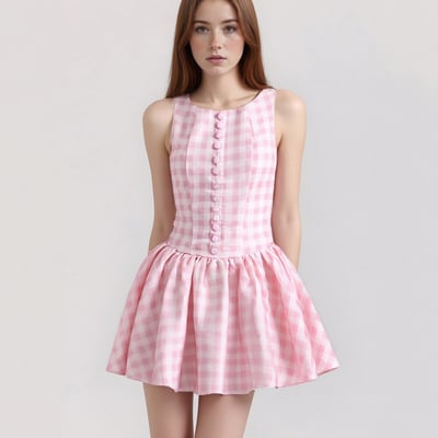 Round-neck, single-breasted, pull-on plaid dress with an open back and mini-length skirt.