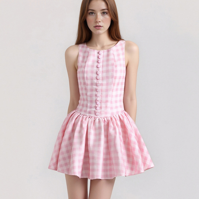 Round-neck, single-breasted, pull-on plaid dress with an open back and mini-length skirt.