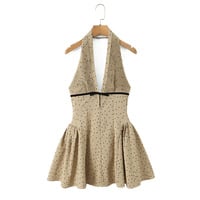 Sexy and elegant polka dot V-neck pleated halter neck backless dress. - Thumbnail 3