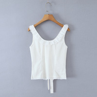 White shirt with a wide U-neck, lace trim, and bow tie detail. - Thumbnail 2