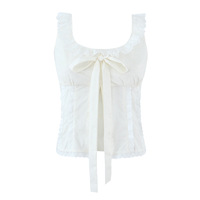 White shirt with a wide U-neck, lace trim, and bow tie detail. - Thumbnail 3