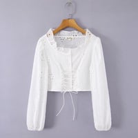 Hollow-out embroidered lace-up ruffled lantern sleeve cropped white shirt - Thumbnail 1