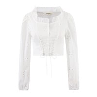 Hollow-out embroidered lace-up ruffled lantern sleeve cropped white shirt - Thumbnail 2