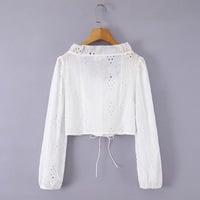 Hollow-out embroidered lace-up ruffled lantern sleeve cropped white shirt - Thumbnail 3
