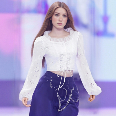Hollow-out embroidered lace-up ruffled lantern sleeve cropped white shirt