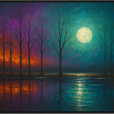 Moonlit mirage fiery trees and teal reflections