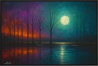 Moonlit Mirage Fiery Trees and Teal Reflections