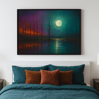 Moonlit Mirage Fiery Trees and Teal Reflections - Thumbnail 3