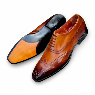 Crafted Leather Mens Classic Brown Patina Leather Wingtip Oxford Dress Shoes