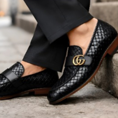 Crafted leather mens classic designer black woven leather moccasin loafers dress shoes