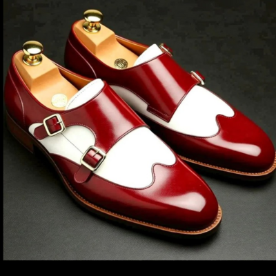 Crafted leather mens classic red white leather wingtip monk strap dress shoes