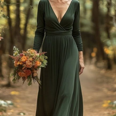 Simple a line v neck green long sleeves mother of the bride/groom dress evening dress - Thumbnail 1