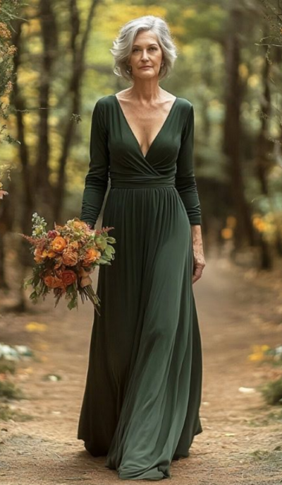Simple A Line V Neck Green Long Sleeves Mother of the Bride/Groom Dress Evening Dress