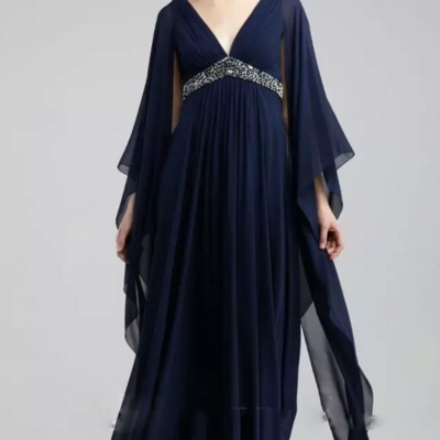 High waist beaded floor length navy blue chiffon mother of bride/groom dresses prom dresses - Thumbnail 1