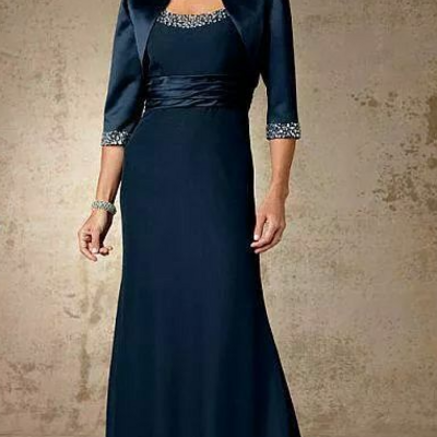 Vintage navy blue stain mother of the bride/groom dress with jacket party gowns - Thumbnail 1