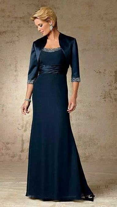 Vintage Navy Blue Stain Mother of the Bride/Groom Dress with Jacket Party Gowns