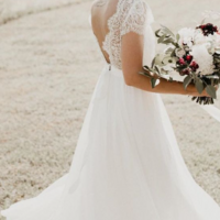 Mermaid Lace and Chiffon Long Bridal Dresses with Short Sleeves, Wedding Dresses - Thumbnail 1