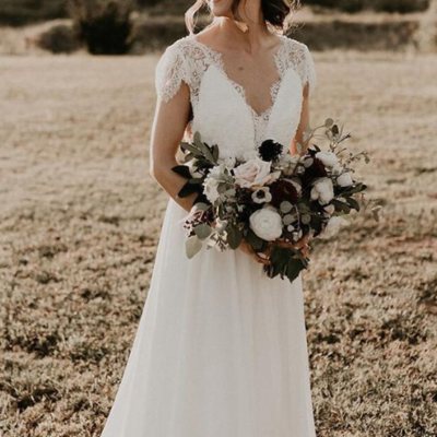 Mermaid lace and chiffon long bridal dresses with short sleeves, wedding dresses - Thumbnail 1