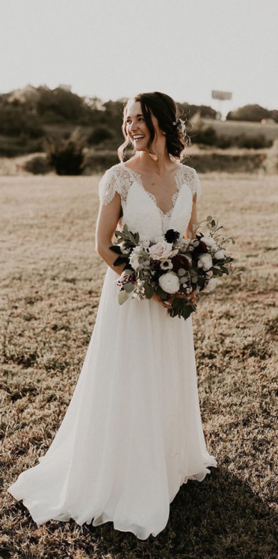 Mermaid Lace and Chiffon Long Bridal Dresses with Short Sleeves, Wedding Dresses