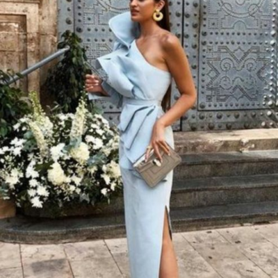 Sheath one shoulder light sky blue stain split long prom dresses - Thumbnail 1