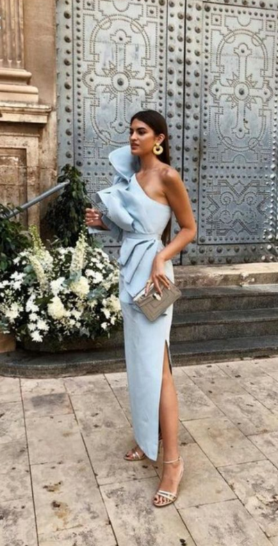 Sheath One Shoulder Light Sky Blue Stain Split Long Prom Dresses