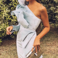 Sheath One Shoulder Light Sky Blue Stain Split Long Prom Dresses - Thumbnail 2