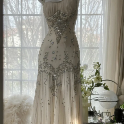 Vintage ivory beaded chiffon prom dress formal evening dress - Thumbnail 1