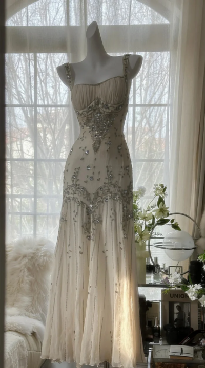 Vintage Ivory Beaded Chiffon Prom Dress Formal Evening Dress