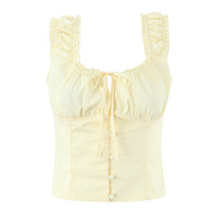 Floral print, tie-front, ruffled, button-down, cropped camisole top. - Thumbnail 1