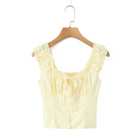 Floral print, tie-front, ruffled, button-down, cropped camisole top. - Thumbnail 2