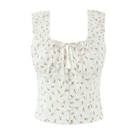 Floral print, tie-front, ruffled, button-down, cropped camisole top. - Thumbnail 1
