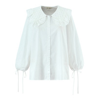 White loose-fitting long-sleeved shirt with lace trim and a large lapel, featuring a single row of buttons. - Thumbnail 1