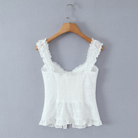 White fitted top with lace trim, elasticated back, and ruffled details. - Thumbnail 1