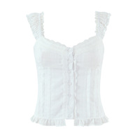 White fitted top with lace trim, elasticated back, and ruffled details. - Thumbnail 2
