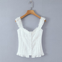 White fitted top with lace trim, elasticated back, and ruffled details. - Thumbnail 3
