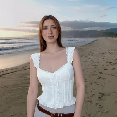 White fitted top with lace trim, elasticated back, and ruffled details.