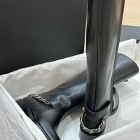 Women's chain leather knight boots French style side zipper over-the-knee high boots - Thumbnail 1