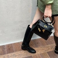 Women's chain leather knight boots French style side zipper over-the-knee high boots - Thumbnail 3