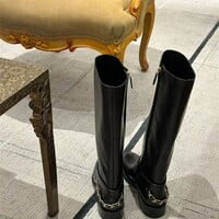 Women's chain leather knight boots French style side zipper over-the-knee high boots - Thumbnail 5