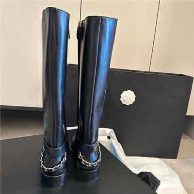 Women's chain leather knight boots french style side zipper over-the-knee high boots - Thumbnail 1