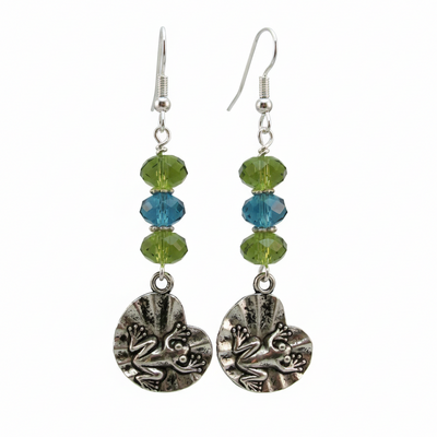 Crystal drop earrings with lily pad frog charm – handmade olivine & blue zircon jewelry