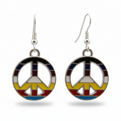 Rainbow peace sign earrings – multi color silver plated charms on hypoallergenic earwires