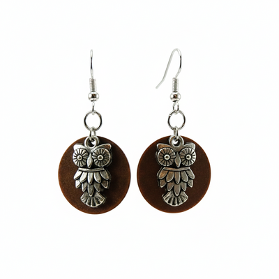 Full moon owl earrings – handmade copper disks with silver owl charms on hypoallergenic ear wires