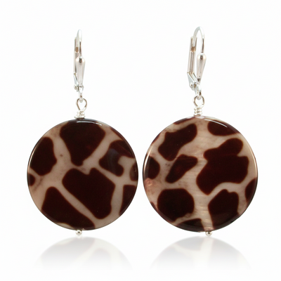 Giraffe print mother of pearl earrings – handmade animal print jewelry with silver lever back earwires