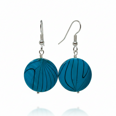 Bright blue & black striped shell earrings – handmade jewelry with hypoallergenic ear wires